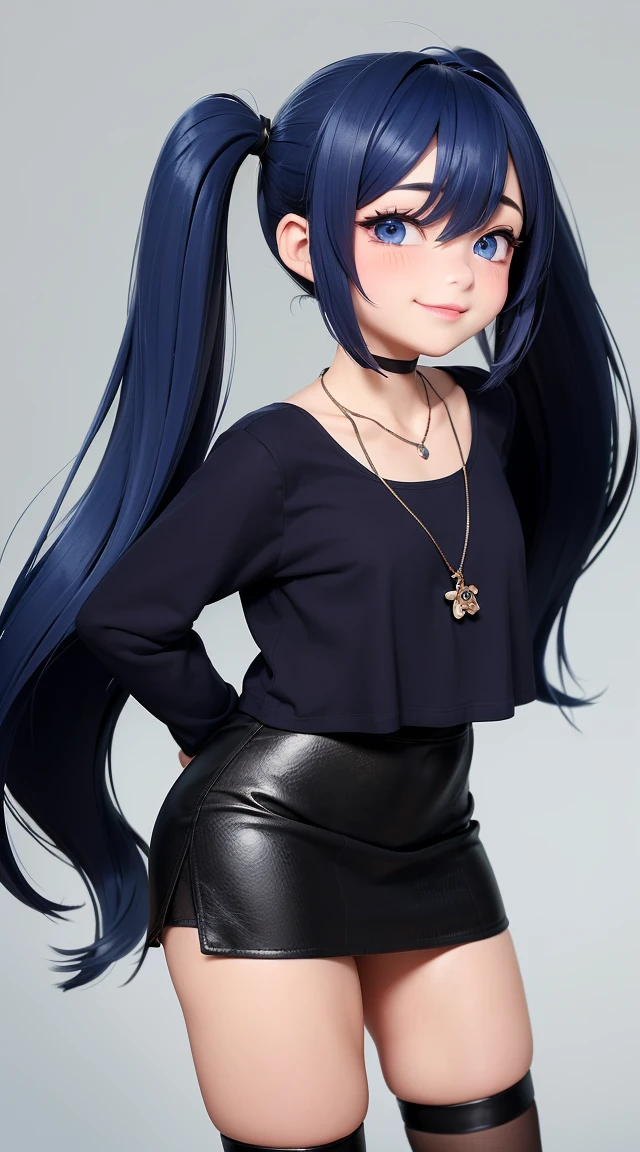 (masterpiece:1.3), (Best Quality:1.3), (Ultra-detailed:1.2), ((kawaii)), Cute, (lovely), ((sexy)), ((Extremely detailed)), 4K, (8K), Best Quality, (Beautiful), Illustration, anime style, (bold line:1.2), Gradation, looking at viewer, //, (bent down:1.1), (arms behind back), //, a cute girl, 1girl, (solo:1.2), gleaming skin, //, (flat chested), (Perfect eyes:1.2), (Perfect iris:1.2), //, darkblue hair color, (beautiful eyes) //, (half closed eyes:1.3), (sexual expression:1.2), Fascinated expression, smile, (blush:1.2), //, modern city background, on rock, twin tails, muscle girl, hard abs, exposed abs, NECKLACE, tight blouse, skirt