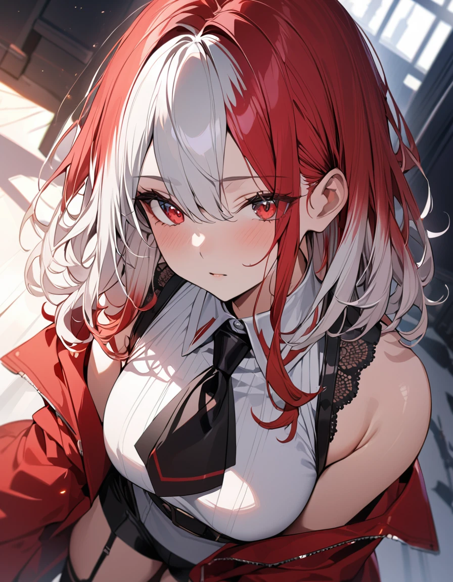 a handsome girl, solo, red hair,
(white dip-dye hair:1.6) medium hair,
red eyes, bright eyes,
(black and red jacket:1.4), black tie,
white high neck collar, sleeveless,
black shorts, (garter rings), black tights, expressionless, perfect lighting, best angle, masterpiece, best quality, extremely detailed face, extremely detailed,