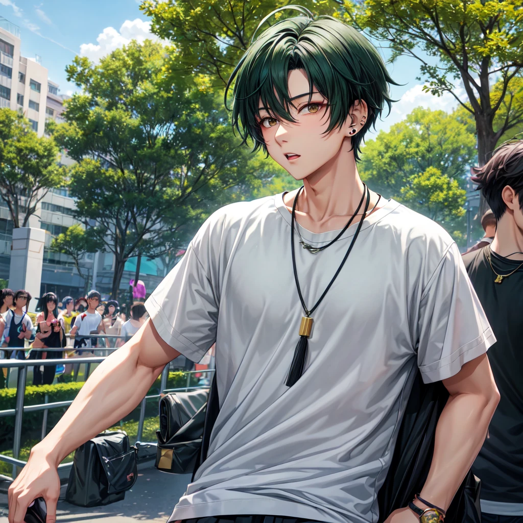 anime panel,upper body, 1Male,solo Korean, attractive man, dark green hair, medium hair, falling on shoulders, gray slanted eyes, casual clothes, necklace, piercing, park background