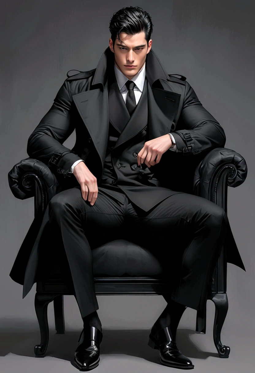 Handsome man，Domineering sitting posture，Black trench coat，cool