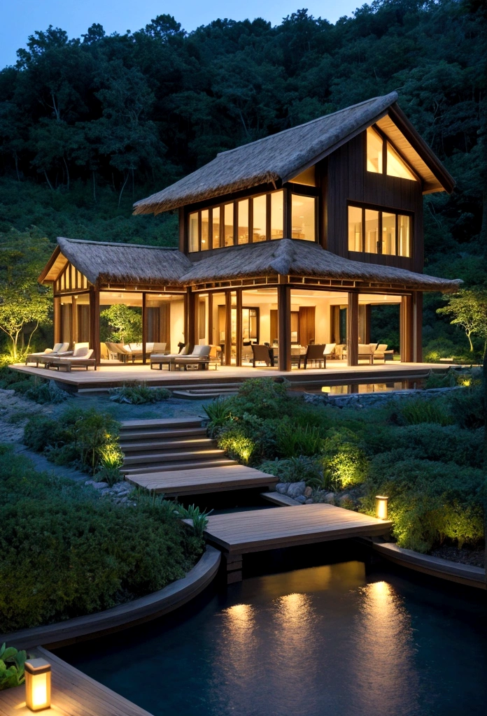 A breathtaking view of a luxurious and sustainable eco-resort nestled within 50 hectares of pristine land. The resort, designed with environmentally-friendly materials, harnesses renewable energy and blends harmoniously with its surroundings. Stunning gardens, bursting with color, create a dreamlike atmosphere. Nature and luxury coexist in perfect balance, showcasing the perfect blend of eco-sustainability and indulgence.