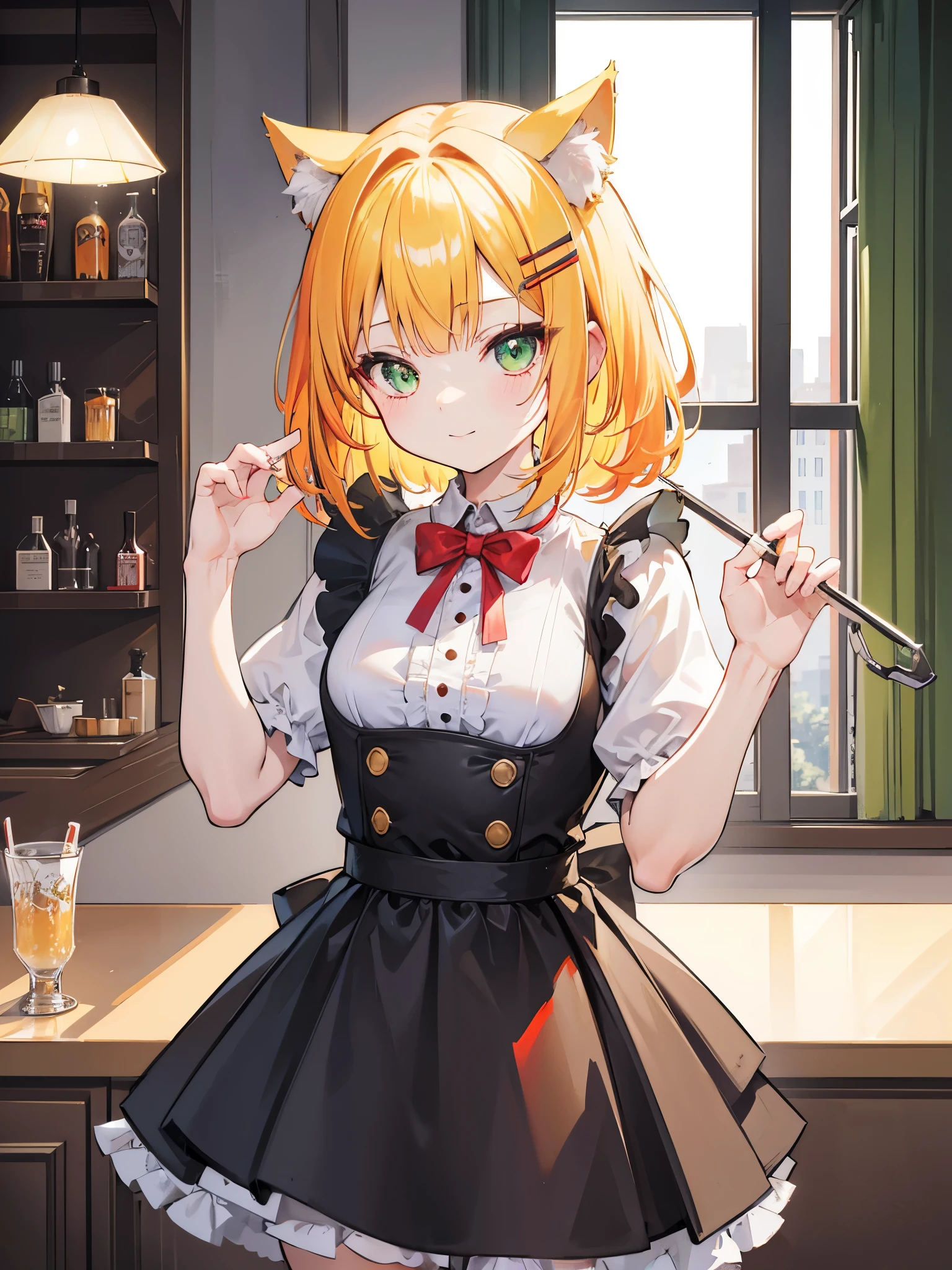 1girl, ****, maid outfit, short golden yellow hair, hair clip:red, emerald green eyes, cat ears, neko mimi, cute sweet smile, extremely detailed anime style, best quality, 4k, 8k, highres, masterpiece:1.2, ultra-detailed, HDR, UHD, studio lighting, ultra-fine painting, sharp focus, physically-based rendering, extreme detail description, professional, vivid colors, bokeh, inside bar,