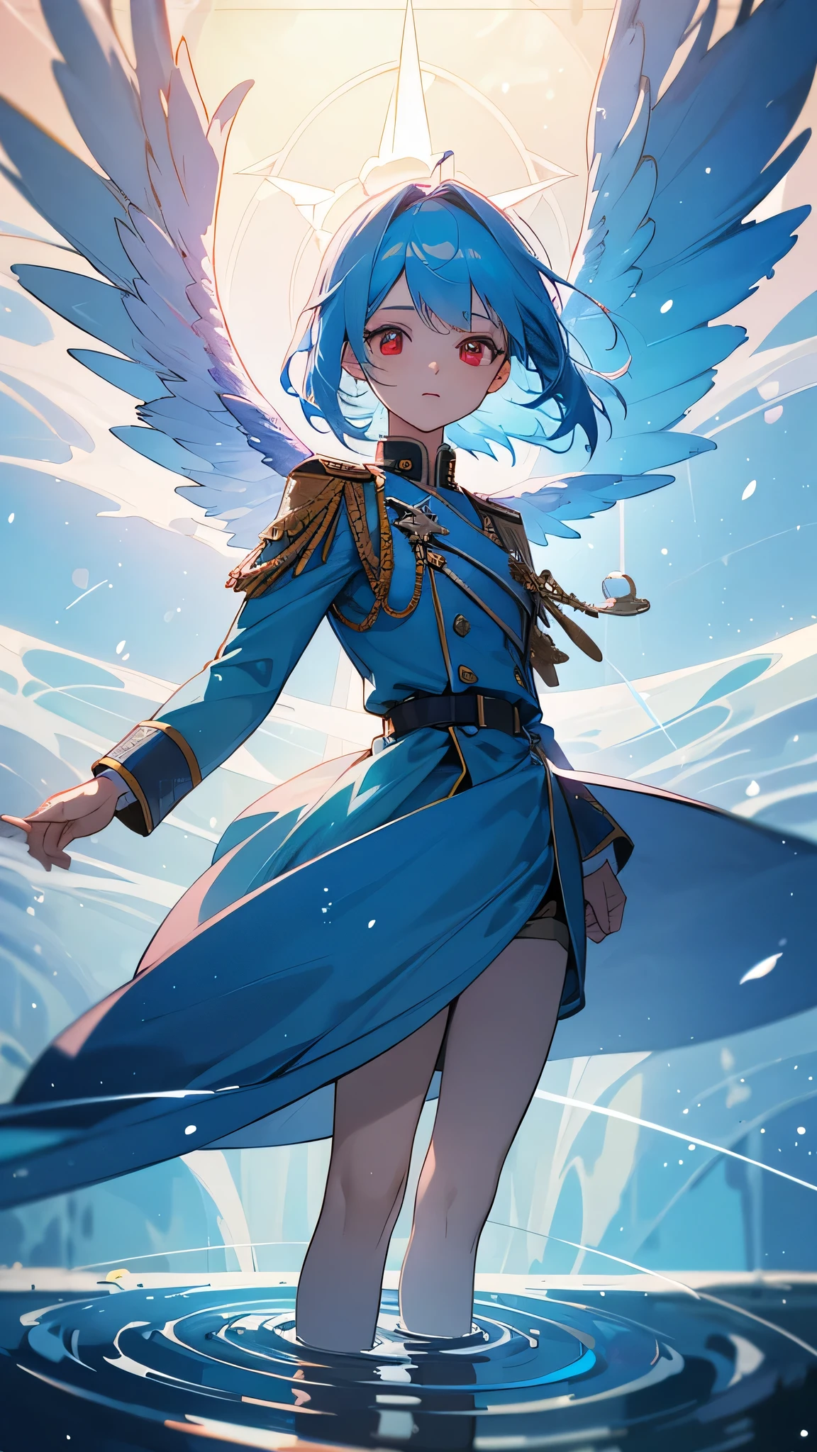 a beautiful young girl with blue angelic wings spread out like stained glass, light blue hair,piercing red eyes, translucent hair color, military-style uniform, standing on water with ripples spreading out, shimmering light particles, rays of light, soft bokeh, overall high quality, extremely detailed, masterpiece