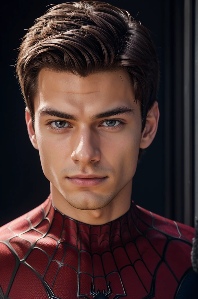 A photograph of spider man, no mask, 20 yo, handsome, detailed face, looking at camera, portrait, 8k uhd, high quality