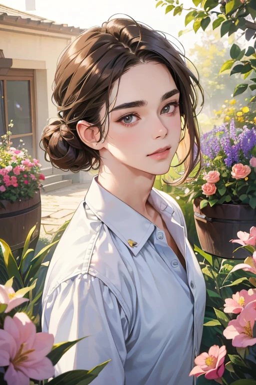 A beautiful young woman with light brown hair in a chignon, innocent look and droopy eyebrows, drooling eyes, round face, round jaws, innocence, cute big eyes, natural makeup, gentle smile, E cup, 23 years old, standing in a flower shop with two handsome men in suits, one in his 30s with a cool expression, the other a 28-year-old man with a bright smile, the three of them dancing among the colorful flowers and plants in the cozy Flower Cottage, the men wearing white shirts and denim, the scene has a country style, (best quality,4k,8k,highres,masterpiece:1.2),ultra-detailed,(realistic,photorealistic,photo-realistic:1.37),HDR,UHD,studio lighting,ultra-fine painting,sharp focus,physically-based rendering,extreme detail description,professional,vivid colors,bokeh,portraits,photography,concept artists,soft lighting