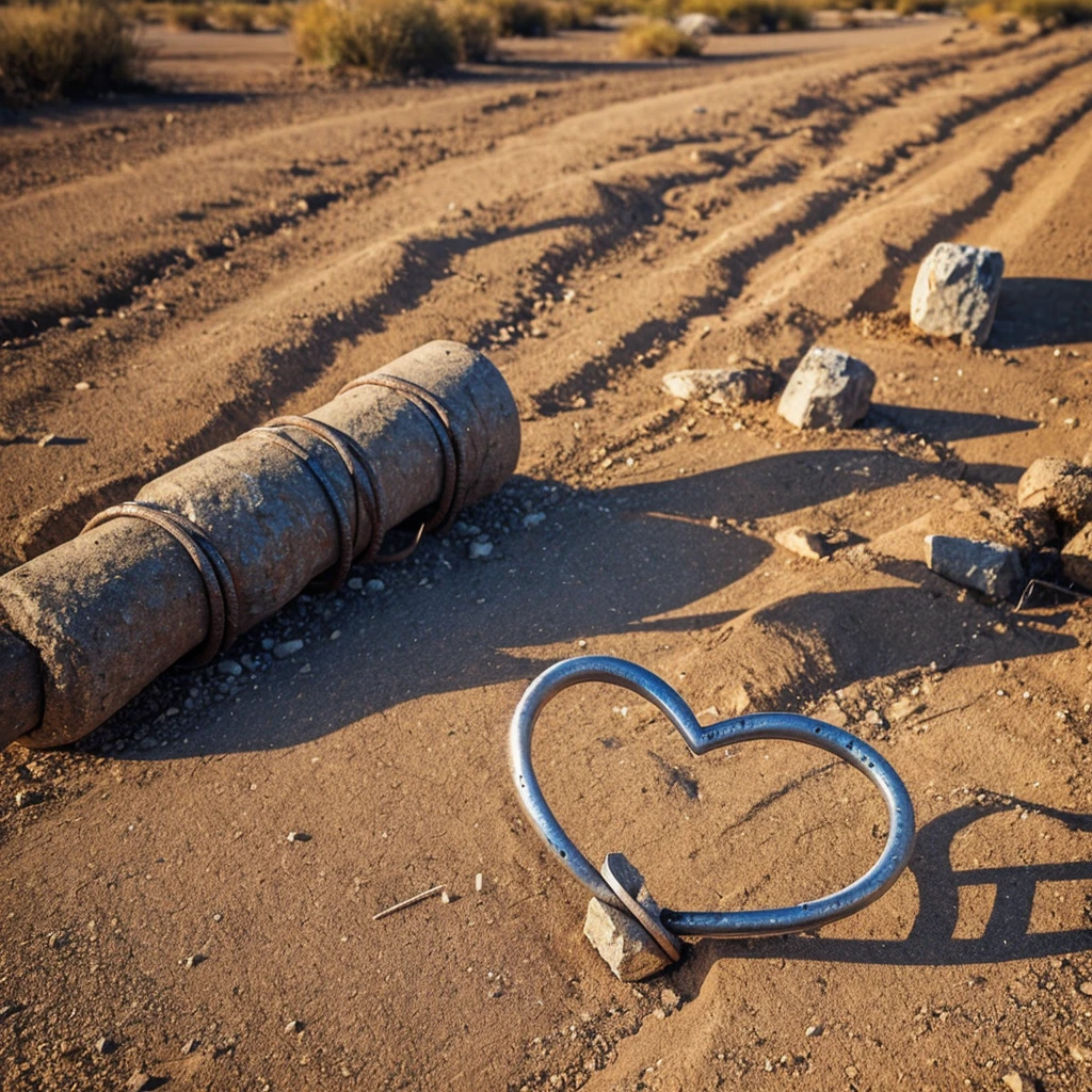 Barbed wire coiled tightly around a large nail. The barbed wire forms a broken heart shape in the background
