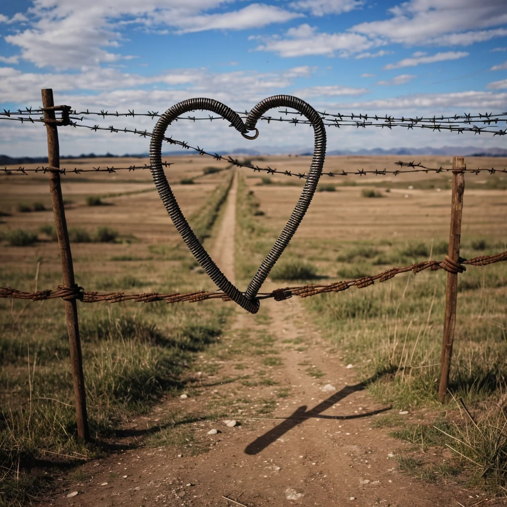 Barbed wire coiled tightly around a large nail. The barbed wire forms a broken heart shape in the background