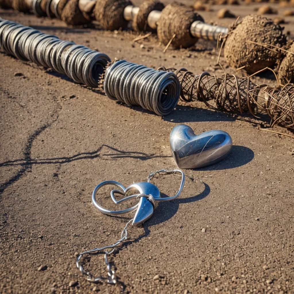 Barbed wire coiled tightly around a large nail. The barbed wire forms a broken heart shape in the background