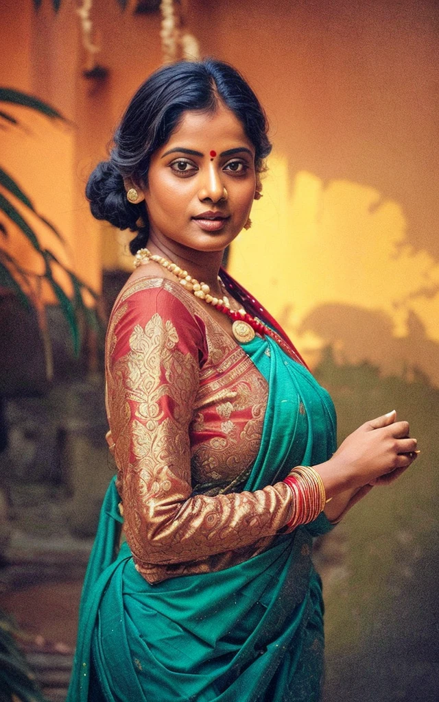 An Extremely gorgeous and beautiful Bengali village woman, 45 yo, pale white skin, sensual appealing body, perfect thick and chubby Beauty, wearing saree bare-chested, curvy, sexy navel folds, fleshy figure, Bengali village style saree, wearing a Bengali-style saree without a blouse,, ethnic vintage bengali village woman, bengali style saree, The sari was worn without a blouse and petticoat before the British Raj, baring one's chest or being blouseless, simple village ornaments, Bengalis a.k.a. Bongs are known for their unique Bengali fashion sense (the way they don that sari makes you go wow), Pre British Raj, Pre colonial era, Bengali Woman draping sari without blouse is a normal thing in pre British Era, bong woman, fine Art photography, artistic photography, sensually appealing, award winning photography, ethnic traditional beauty, 