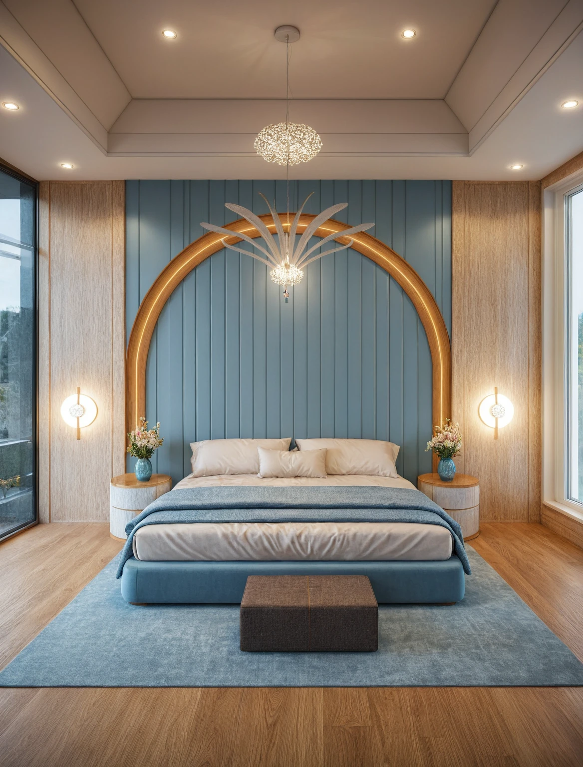 Raw photo,Masterpiece, high quality, best quality, authentic, super detail, interior, ((girl's bedroom)), ((style modern), sunset, day light, bed, carpet, curves, bedside cabinets, wood floor ,wardrobe, led, flower vase, butterfly chandelier , windows, downlight, ((blue and white tones))