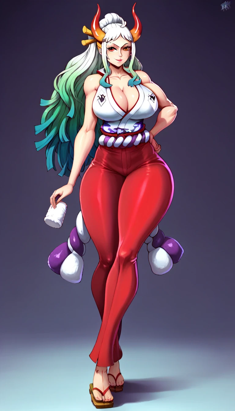 ((high aesthetic)), absurdres, absurd resolution, highly rated, highres, high resolution, best quality, masterpiece, full body, (facing viewer), standing, 1girl, ((solo)), indoors, clothed, ((perfect face)), perfect eyes, tight outfit, smile, natural skin texture, 4k textures, hdr, intricate, highly detailed, puffy lips, thick lips, hyperdetailed, mature female, yamato\(one piece\), cleavage, multicolored hair, white hair, green hair, oni horn ,colored horn, long hair, red eyes, sleeveless kimono, white kimono, red pants, skinny