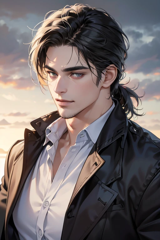(best quality,4k,8k,highres,masterpiece:1.2),ultra-detailed,(realistic,photorealistic,photo-realistic:1.37),30 year old man,3 day beard,handsome anime,portraits,strong,masculine,dark hair,sharp jawline,mesmerizing eyes,perfectly styled hair,cool anime outfit,confident expression,vibrant colors,dynamic lighting, CEO and expression smile in love.