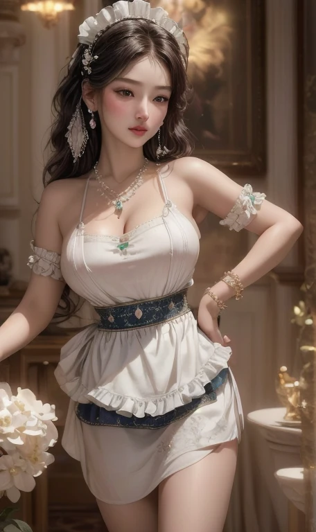 Ultra-realistic 8k CG, Flawless, Clean, masterpiece, Professional artwork, Famous Artworks, Movie Lighting, Bloom, Perfect face, Pretty Face, fantasy, Like a dream, illusory, Science fiction, luxurious, Jewelry, diamond, pearl, gem, 蓝gem, 红gem, emerald, Intricate details, Exquisite pattern, charming, Tempting, Tempting, , enchanting, Hair accessories, necklace, earrings, bracelet, armband,Halo,(((Full and soft breasts,)))(((Huge breasts))) (((Cleavage)))
(((best quality, masterpiece, Ultra-high resolution, (photorealistic:1.4), raw photo,photo, 1 Girl, maid,maid headdress, maid apron, roswaal mansion maid uniform, )))
