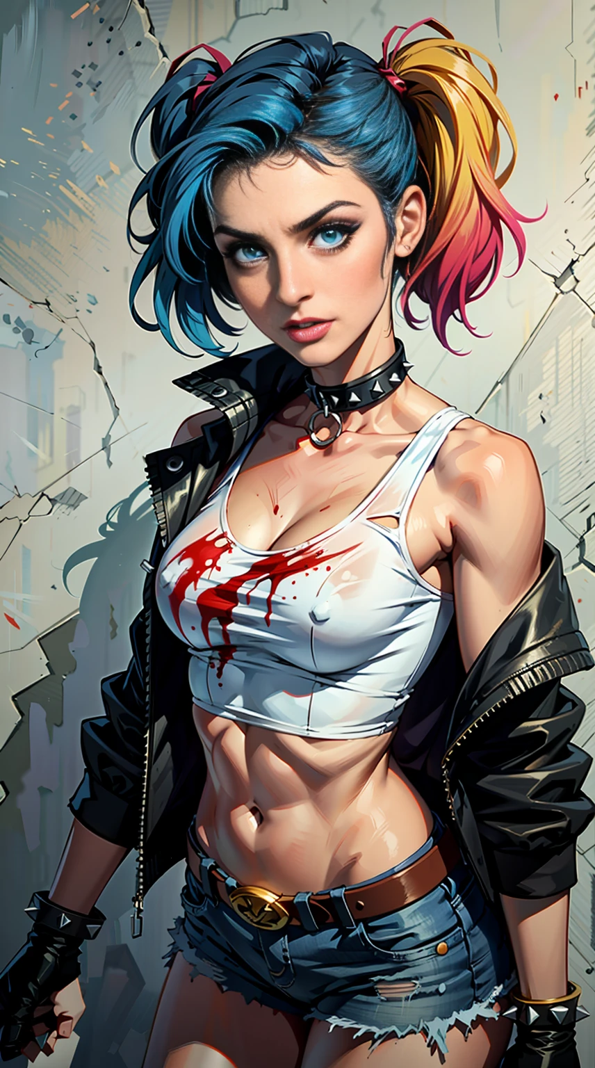 best quality,masterpiece,HDR,UHD,8K,masterpiece,Highly detailed,1girl,short hair,(upper body:1.1),detailed face,simple background,dress,medium size breasts,bare shoulders,girl,solo,blonde hair,twintails,jacket,short shorts,pantyhose,torn pantyhose,crop top,torn clothes,blood,clothes writing,makeup,blue eyes,eyeshadow,blue hair,midriff,navel,gloves,fishnets,multicolored clothes,belt,bracelet,spiked bracelet,multicolored hair,collar,graffiti,