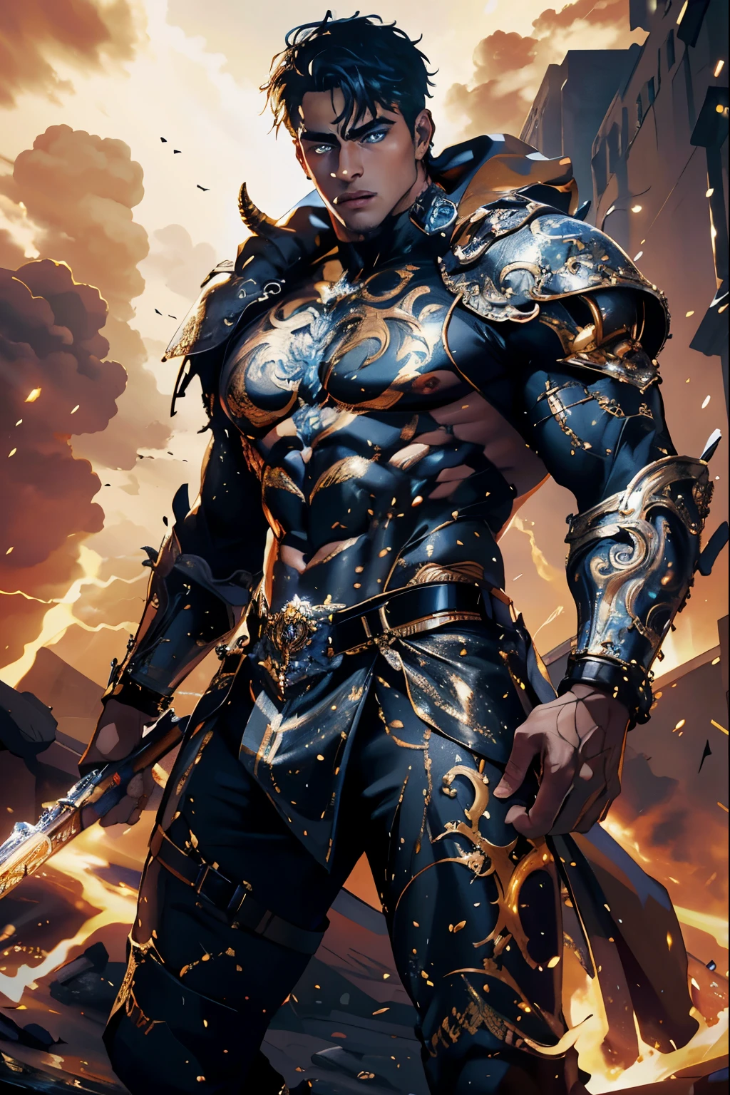 8K, complex, elegant, Highly detailed, majestic, digital photography, surreal painting, defeat magic, Sinuous Lightning, (masterpiece, Side light, fine and beautiful eyes: 1.2), HDR, (bright blue eyes)), Naked upper body, (bright tattoo), handsome boy, cana, musculature, black skin, demon horn, Raining, handsome, in front of camera, masterpiece