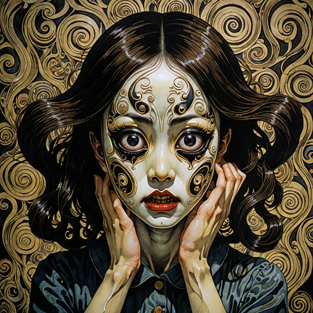 A girl with contorted face,grotesque mask,haunting,detailed,Junji Ito style,creepy,unsettling,horror,macabre,empty eyes,disturbing,unique