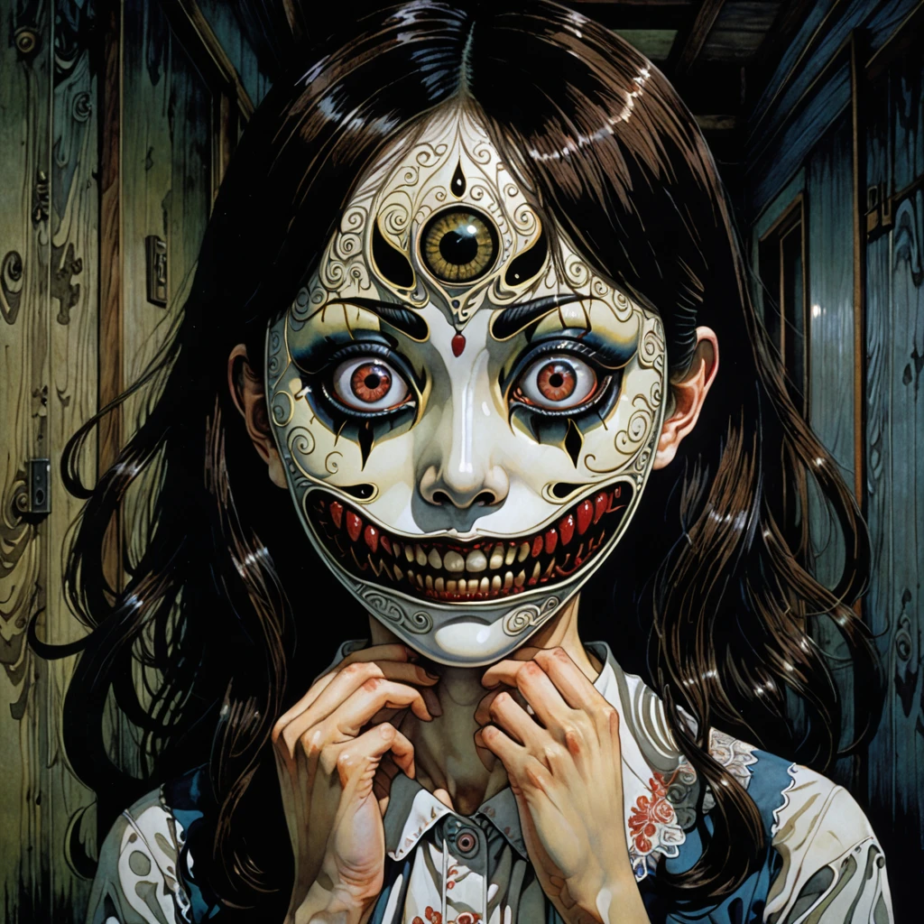 A girl with contorted face,grotesque mask,haunting,detailed,Junji Ito style,creepy,unsettling,horror,macabre,empty eyes,disturbing,unique
