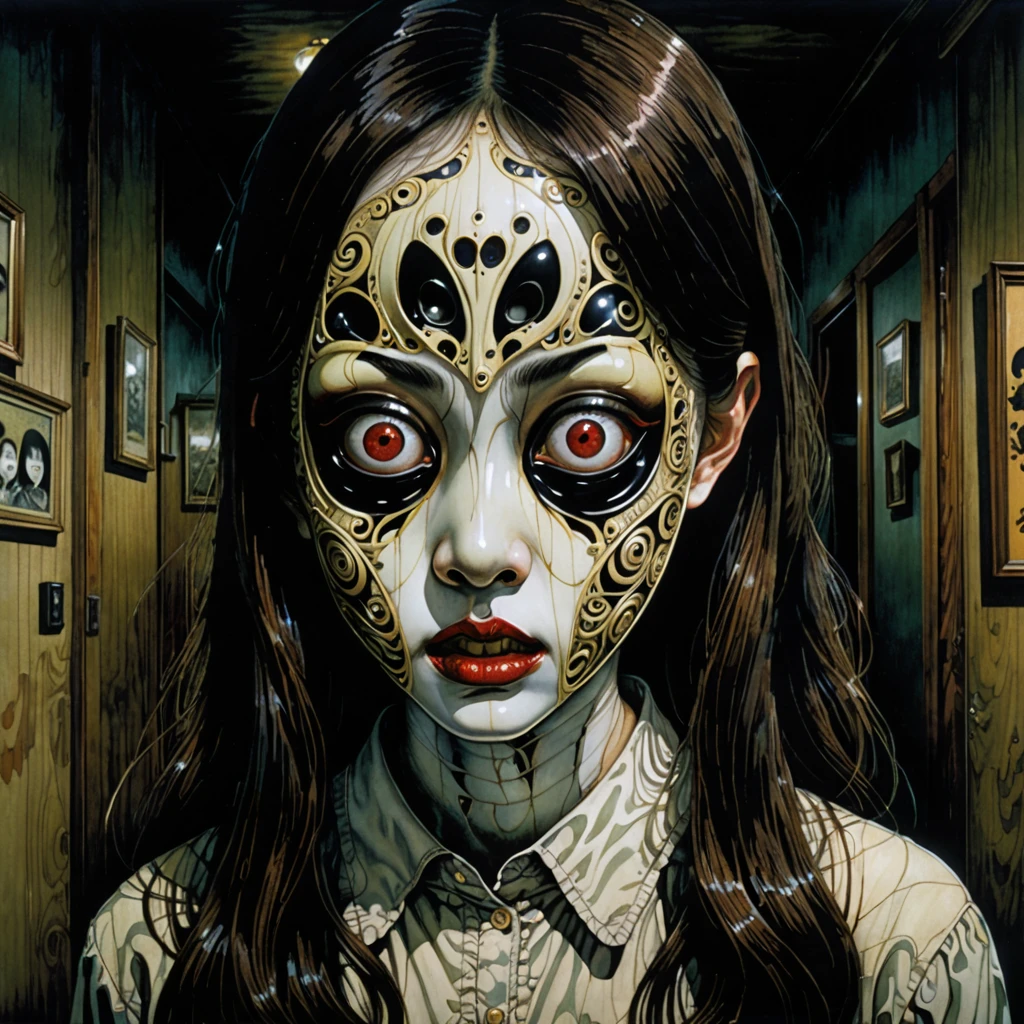A girl with contorted face,grotesque mask,haunting,detailed,Junji Ito style,creepy,unsettling,horror,macabre,empty eyes,disturbing,unique