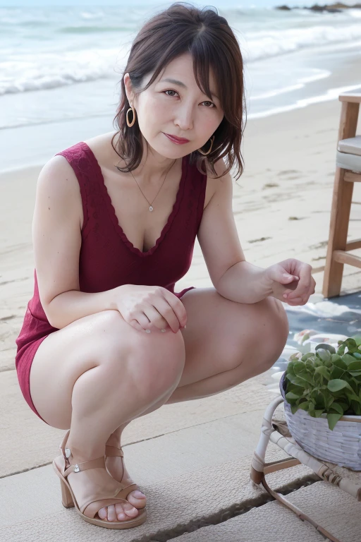 Mature 55 year old beautiful Japanese woman, Married women, Kind Mother, Delicate lines, Long eyelashes, Beautiful Eyes, Berry Shortcut, Red lipstick, necklace, Earrings, Tank top, skirt, Beach, Water Play, Swimming in the sea, squat, I can see her panties