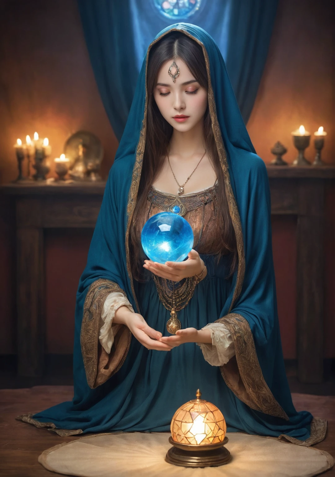 Female fortune teller. (Overall body orientation: frontal.) Charming, beautiful and mysterious. She wears a blue cloak and has a clear face. Bright and glittering, full of anxiety and anticipation. The fortune teller is standing. He holds a crystal ball in front of his chest with both hands. The lighting in the room is bright, creating a fantastic atmosphere. Top image quality, 4K or 8K resolution. The level of detail is very fine and photorealistic. Artistic style should reflect the aesthetic of the formula with bright colors and strong contrasts. The color palette should emphasize the mysterious and mystical theme of the piece. The fortune teller's cloak is decorated with metal trim and intricate designs, with a thickness ratio of 1.5 The overall mood is stellar and magical; the cloak is a symbol of the mysterious and mystical. The expression of the fortune teller's face should evoke mystical interest.