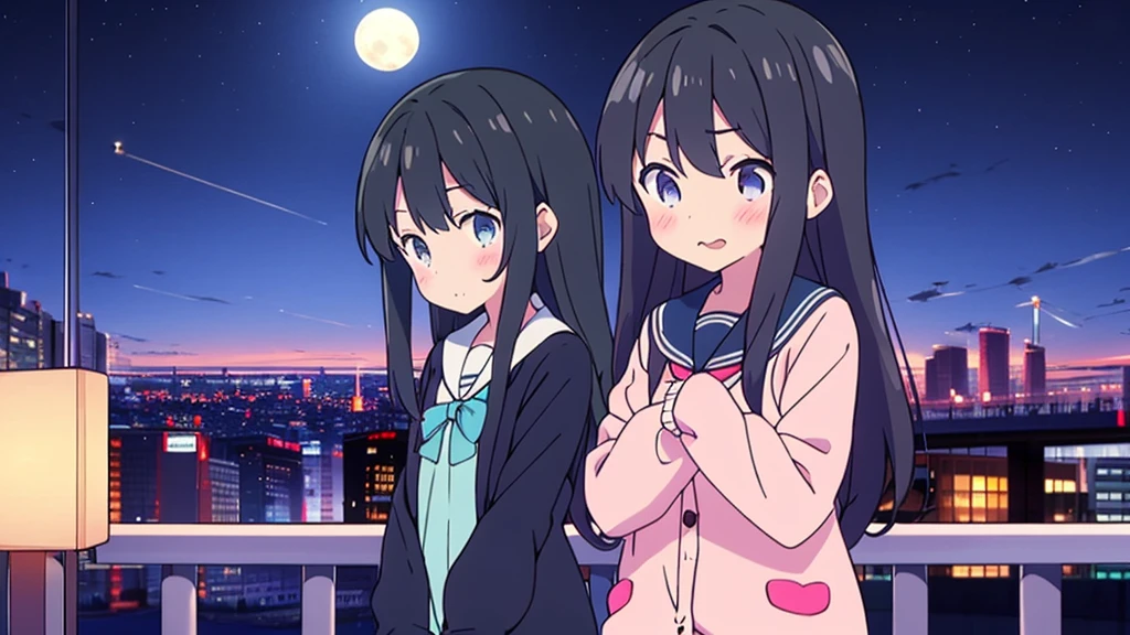 Shinjuku skyscraper district　full moon night　big moon　elementary school girl　8-year-old　flat chest　black hair　long hair　eyes are purple　（（1 person））　Cardigan on top of white long-sleeved sailor uniform　Lower body navy blue 