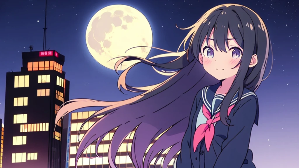 Shinjuku skyscraper district full moon night big moon elementary school girl 8-year-old flat chest black hair long hair eyes are purple ((1 person)) Cardigan on top of white long-sleeved sailor uniform Lower body navy blue