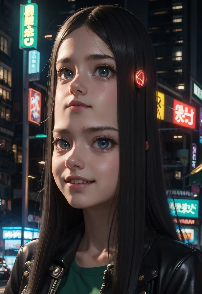 masterpiece, best quality, half body, portrait, night city, 1girl, anime, 3D, Japan, pixar, realistic, teen girl, smiling, cute face, harajuku fashion style, rain coat, beautiful, colourful, neon lights, cyberpunk, smooth skin, illustration, artstation, painting by stanley artgerm lau, sideways glance, foreshortening, extremely detailed 8K, smooth, high resolution, ultra quality, highly detail eyes, highly detail mouth, highly detailed face, perfect eyes, both eyes are the same, true light, glare, Iridescent, Global illumination, (long straight hair), (side comb hair), Big Breasts:1.7, real light, real shadow, real face, hd, 2k, 4k, 8k, 16k, realistic light, realistic shadow, bright Eyes, fluorescent eyes, soft light, dream light