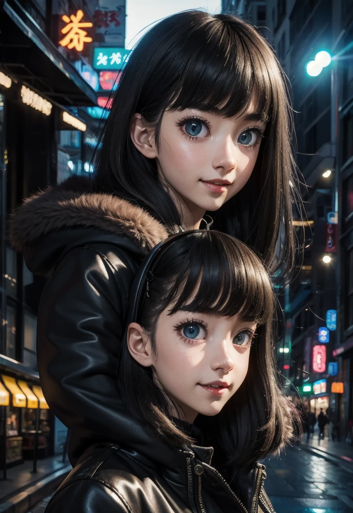 masterpiece, best quality, half body, portrait, night city, 1girl, anime, 3D, Japan, pixar, realistic,  girl, smiling, cute face, harajuku fashion style, rain coat, beautiful, colourful, neon lights, cyberpunk, smooth skin, illustration, artstation, painting by stanley artgerm lau, sideways glance, foreshortening, extremely detailed 8K, smooth, high resolution, ultra quality, highly detail eyes, highly detail mouth, highly detailed face, perfect eyes, both eyes are the same, true light, glare, Iridescent, Global illumination, (long straight hair), (side comb hair), Big Breasts:1.7, real light, real shadow, real face, hd, 2k, 4k, 8k, 16k, realistic light, realistic shadow, bright Eyes, fluorescent eyes, soft light, dream light