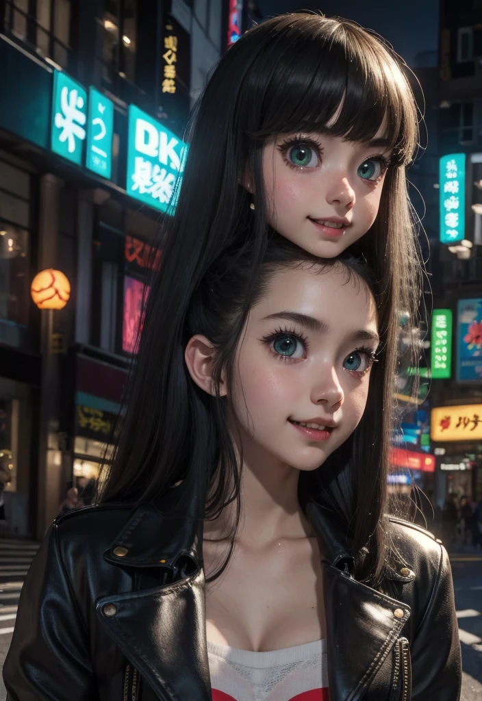 masterpiece, best quality, half body, portrait, night city, 1girl, anime, 3D, Japan, pixar, realistic,  girl, smiling, cute face, harajuku fashion style, rain coat, beautiful, colourful, neon lights, cyberpunk, smooth skin, illustration, artstation, painting by stanley artgerm lau, sideways glance, foreshortening, extremely detailed 8K, smooth, high resolution, ultra quality, highly detail eyes, highly detail mouth, highly detailed face, perfect eyes, both eyes are the same, true light, glare, Iridescent, Global illumination, (long straight hair), (side comb hair), Big Breasts:1.7, real light, real shadow, real face, hd, 2k, 4k, 8k, 16k, realistic light, realistic shadow, bright Eyes, fluorescent eyes, soft light, dream light