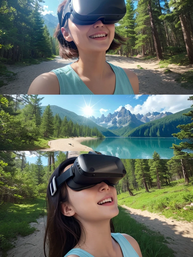 A calming natural appearance like a beach, Forest, and mountains in VR animation.
a woman using a VR headset with a relaxed and happy facial expression. 
A virtual therapist who interacts with users in a VR environment.