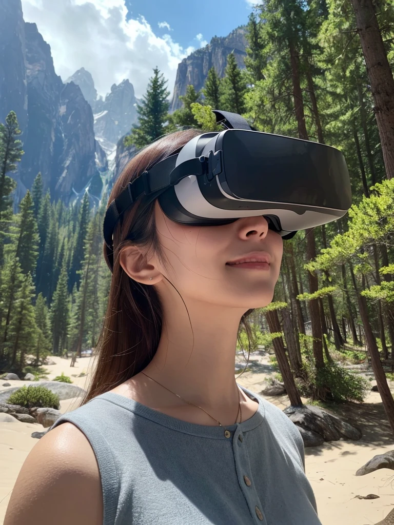 A calming natural appearance like a beach, Forest, and mountains in VR animation.
a woman using a VR headset with a relaxed and happy facial expression.
A virtual therapist who interacts with users in a VR environment.