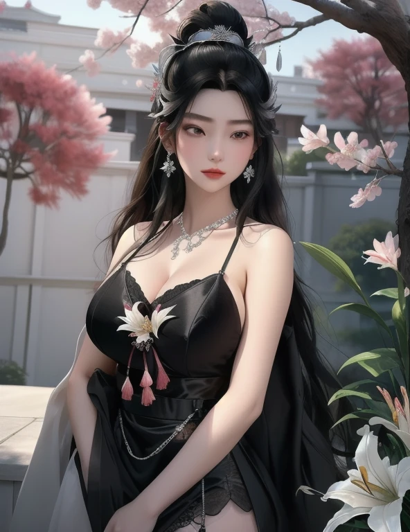 Ultra-realistic 8k CG, picture-Perfect face, Flawless, Clean, masterpiece, Professional artwork, Famous Artworks, Movie Lighting, Bloom, Perfect face, Pretty Face, fantasy, Like a dream, illusory, Science fiction, beautiful clothing, Lace, Lace trim, Lace-trimmed legwear, (rich:1.4), prestige, luxurious, Jewelry, diamond, Kaneko, pearl, gem, 蓝gem, 红gem, emerald, Intricate details, Exquisite pattern, charming, Tempting, Tempting, , enchanting, hair ornament, neckLace, earrings, bracelet, armband,Halo
((,1 Girl, Throw,))(((,lily, Branches, 1 Girl, Tree, spring_\(season\), Solitary, petal, Black_hair, Japanese_clothing,Looking at the audience, ))) (((Full and soft breasts,)))(((Huge breasts))) (((Cleavage)))