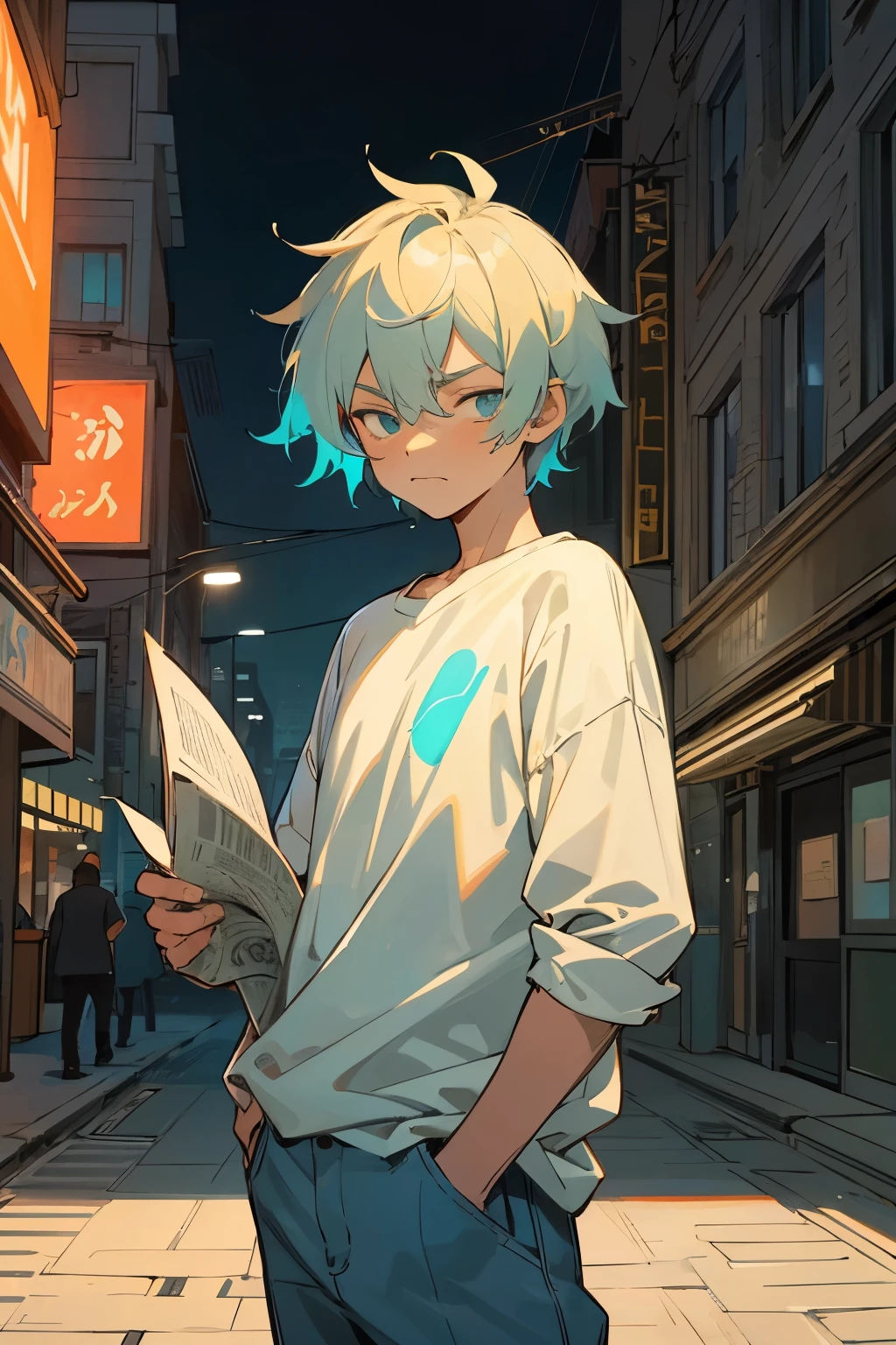 Draw a picture of a teenage boy, standing in a bustling city street, wearing a neatly pressed white shirt and blue jeans. He's shielding his eyes from the bright sun with a rolled-up newspaper. His hair is short and messy, and he's biting his lower lip, hesitant and unsure, as if lost in thought. In his hand, he's holding a sketchbook, filled with colorful drawings that reflect his creative spirit. Behind him, a vibrant neon sign illuminates the night, casting a warm glow on the downtown cityscape and adding a touch of city life to his quiet moment. The overall atmosphere is serene, with a hint of melancholy