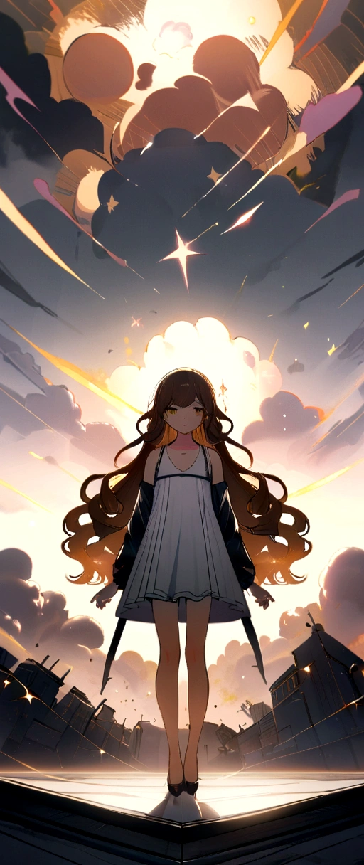 (Tafah:1.2), Best quality,featuring.pixiv,
1girl, long hair , dress, Single, White background, very long hair, a star (symbol), Simple background, Full body, white dress, Standing, Detain, Brown hair, Hair decoration, long sleeves, curly hair, Explosions, Brown eyes, Separate sleeves, Looking at the viewer, Sleeves past wrists, jewelry, Yellow eyes
