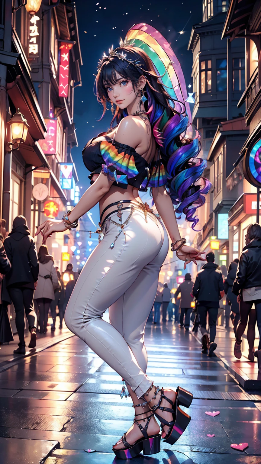 24-year-old female、Sexy proportions、Sexy、Narrow waist、Wear jewellery on your wrist、Attach a necklace、Wear platform sandals、Side Tail((side drill))、Crystal Earrings((crystal earrings))、A seductive smile((seductive smile))、Headpiece((hair ornament))、Rainbow Hair((rainbow hair))、erotic、Cleavage Emphasis、Wear off-the-shoulder tops、I can see my belly button、Lower milk visible、Wear low rise leggings、Wear platform sandals、Walk through the downtown area at night、sexy pose、Making a heart symbol with hands