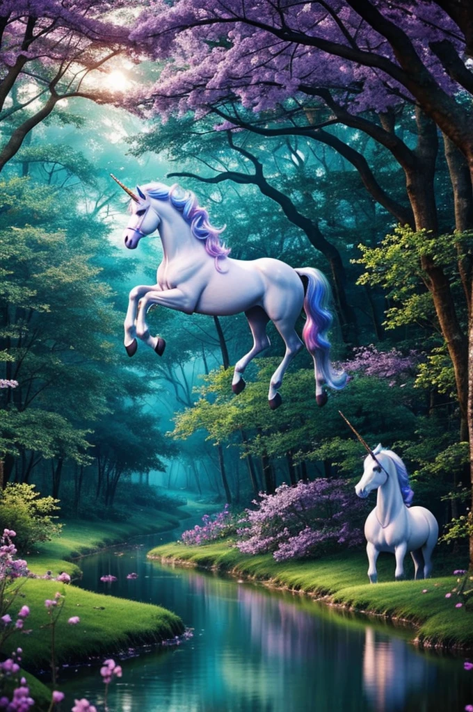 Place in a magical forest with a unicorn