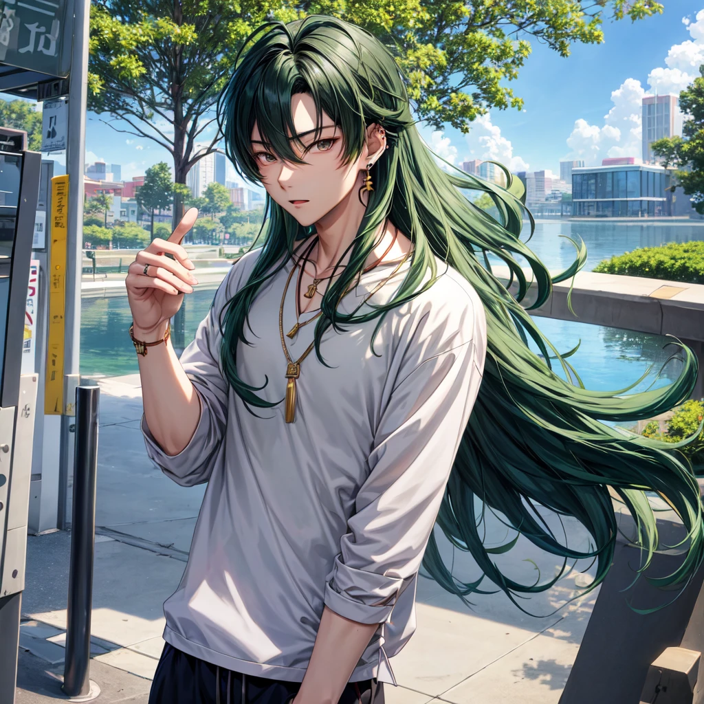 anime panel,upper body, 1Male,solo Korean, attractive man, dark green hair, long hair, gray slanted eyes, casual clothes, necklace, piercing, park background