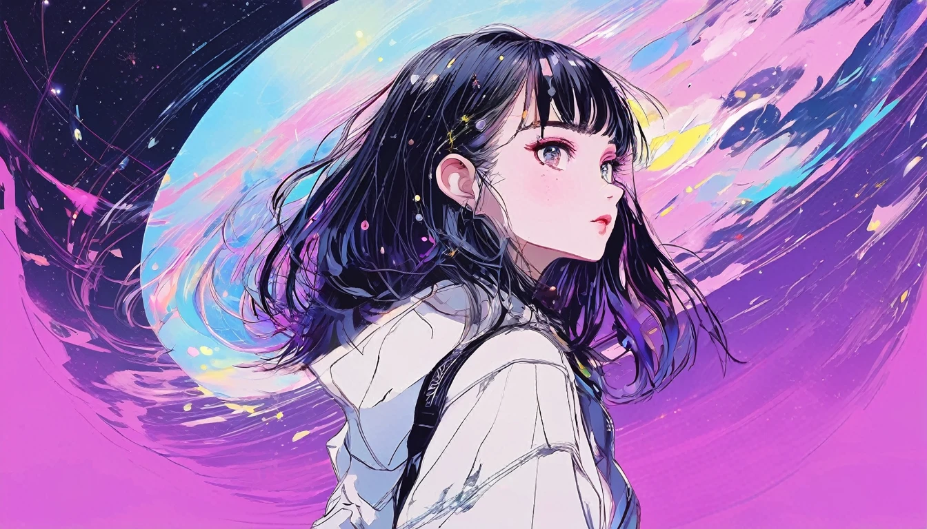 (best quality, sketch:1.2), epic realistic,(ultra details ayes),illustrator,anime,1 girl, detailed lips,custom, gradient background,neon hair,textured cropping, masterpiece, anime, a woman standing looking at a black hole, fantasy world, trending on art station, space art, dreamy psychedelic anime, beautiful anime scene, anime epic artwork. anime, photo picture poses, average height