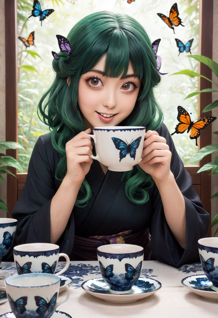 The beautiful Tatsumaki, With her huge eyes she looks amazed and with a big smile while she drinks tea from ceramic cups with ghostly cat shapes while the butterflies flutter around the table and the tablecloth..