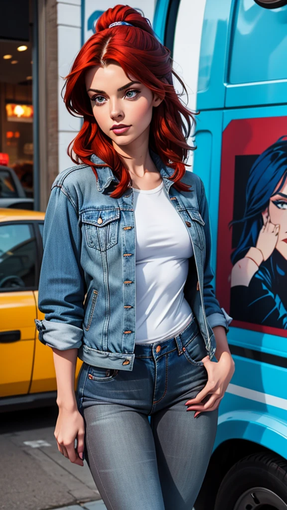 brunette woman , 21 years old year old, thin and small, pans denim, gray blouse and vinyl jacket , red hair, beauty. Comic style
