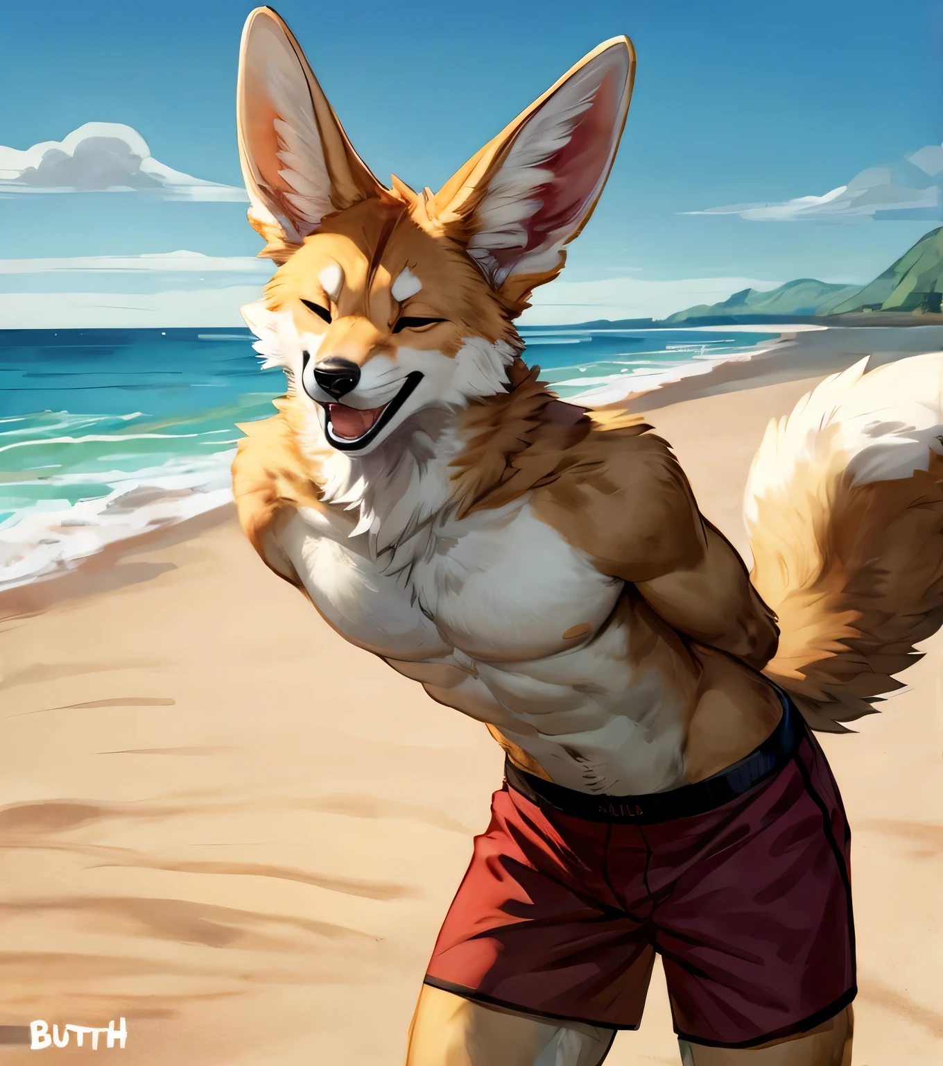 (solo,furry,anthro,hyper realistic), male, standing, smirk, smug, wide open mouth, laughing, closed eyes, head up, bending down, arms behind back, wearing ((dark red)) boxer shorts, front view, muscular body, realistic fur, full body shot, Fennec, beach, blurred background, by bebebebebe:1.2, by buta99, by foxovh, by ruan jia