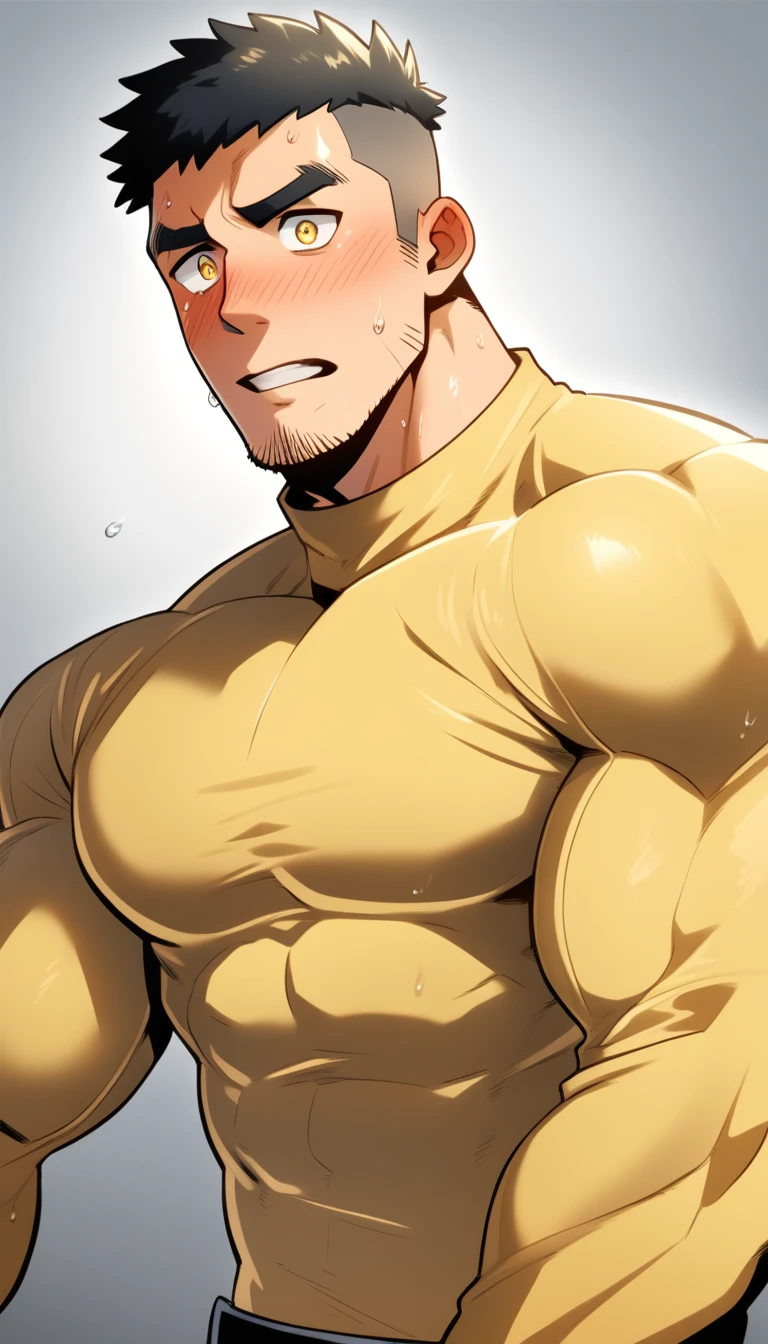 anime characters：Tights superhero, Muscle superhero, 1 muscular tough guy, Manliness, male focus, Light yellow high collar long sleeve tight T-shirt, Very tight, The clothes were soaked with sweat, Upright, round and full chest muscles, Male dog waist, Slightly transparent, muscular male, muscular, only, Upper body, alone, Black short hair, Thick eyebrows, stubble, Yellow eyes, Grey background, simple background, amazing quality, best aesthetics, Ridiculous, bright pupils, crew cut, parted lips, shy, blush, moaning, saliva trail, drop shadow, best quality