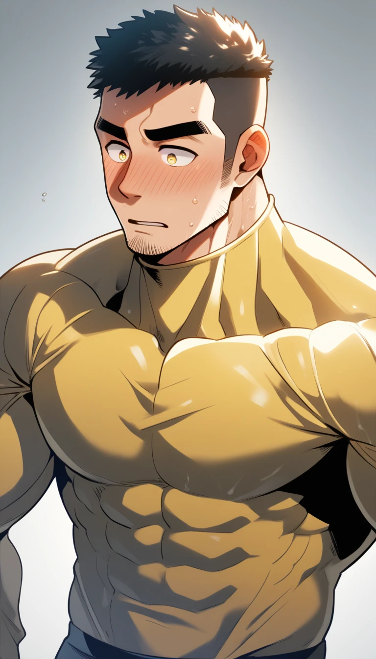 anime characters:Tights superhero, Muscle superhero, 1 muscular tough guy, Manliness, male focus, Light yellow high collar long sleeve tight T-shirt, Very tight, The clothes were soaked with sweat, Upright, round and full chest muscles, Male dog waist, Slightly transparent, muscular male, muscular, only, Upper body, alone, Black short hair, Thick eyebrows, stubble, Yellow eyes, Grey background, simple background, amazing quality, best aesthetics, Ridiculous, bright pupils, crew cut, parted lips, shy, blush, moaning, saliva trail, drop shadow, best quality