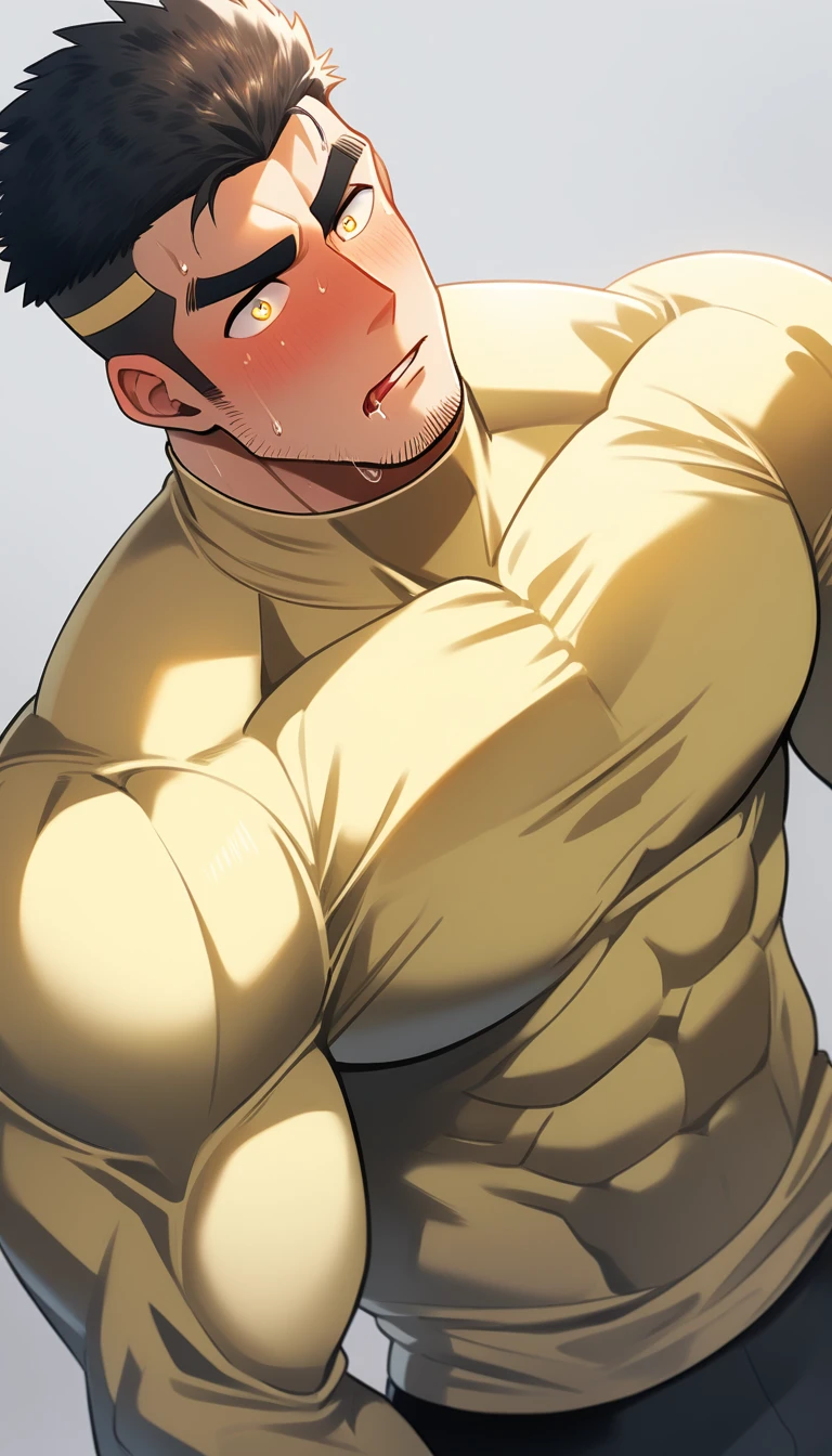 anime characters：Gyee, Priapuuscle Sports Student, 1 muscular tough guy, Manliness, male focus, Light yellow high collar long sleeve tight T-shirt, Very tight, The clothes were soaked with sweat, The pectoral muscles are oversized, Slightly transparent, muscular male, muscular, only, Upper body, alone, Black short hair, Thick eyebrows, stubble, Yellow eyes, Grey background, simple background, amazing quality, best aesthetics, Ridiculous, bright pupils, crew cut, parted lips, shy, blush, moaning, saliva trail, drop shadow, best quality