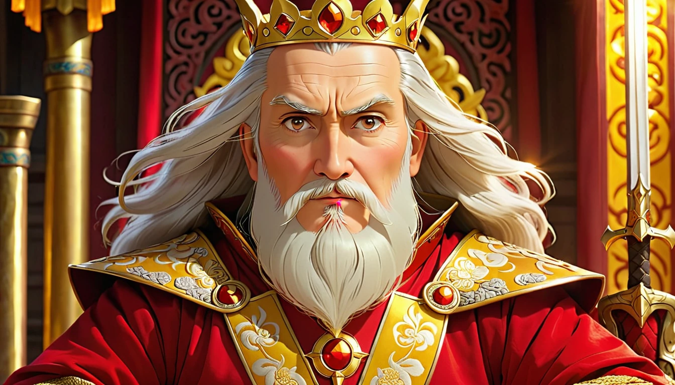 Two people, (an old emperor named John, tall, square face, long silver hair, wearing a golden crown, thick eyebrows, long white beard, pale complexion, wearing gorgeous golden robes, embroidered with dragon patterns), (another A young general named John Ken, with a burly build, long face, short blond hair, thick eyebrows, short beard, healthy bronze color, wearing red armor with a sun symbol and a golden sword at his waist), John Sitting majestically on the shining golden throne, Ken stood in front of the throne, and there was an atmosphere of respect and loyalty between the two.