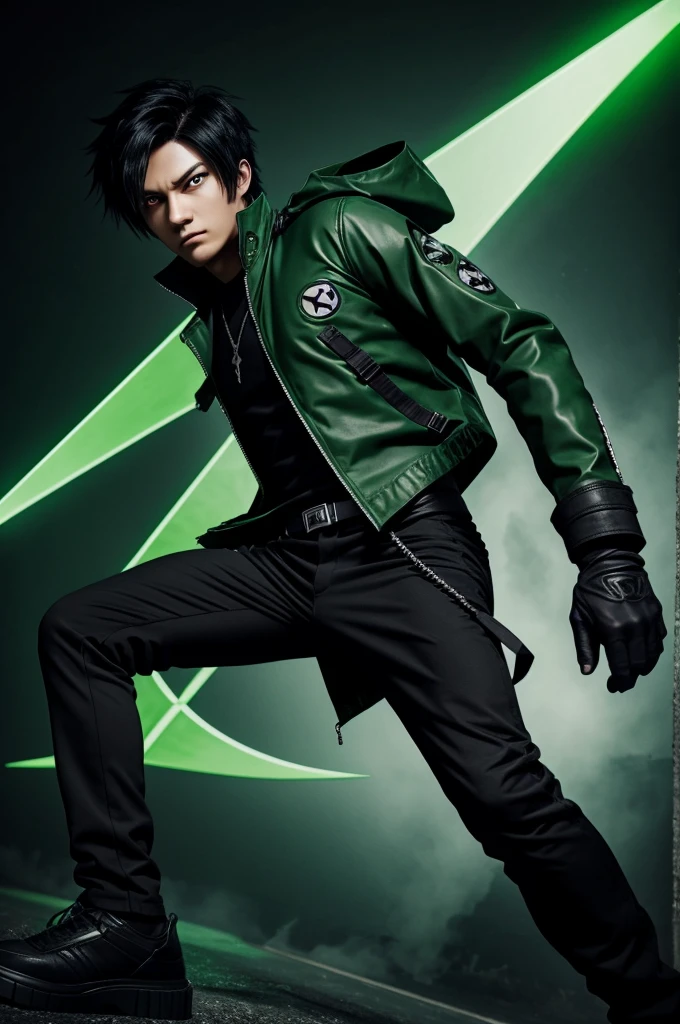 Creeper boy with a green jacket like black,a crepeer logo on the back with a black katana on the waist black pants fingerless glove,black hair with green strands,one red eye and one green eye and explosive anime-like powers