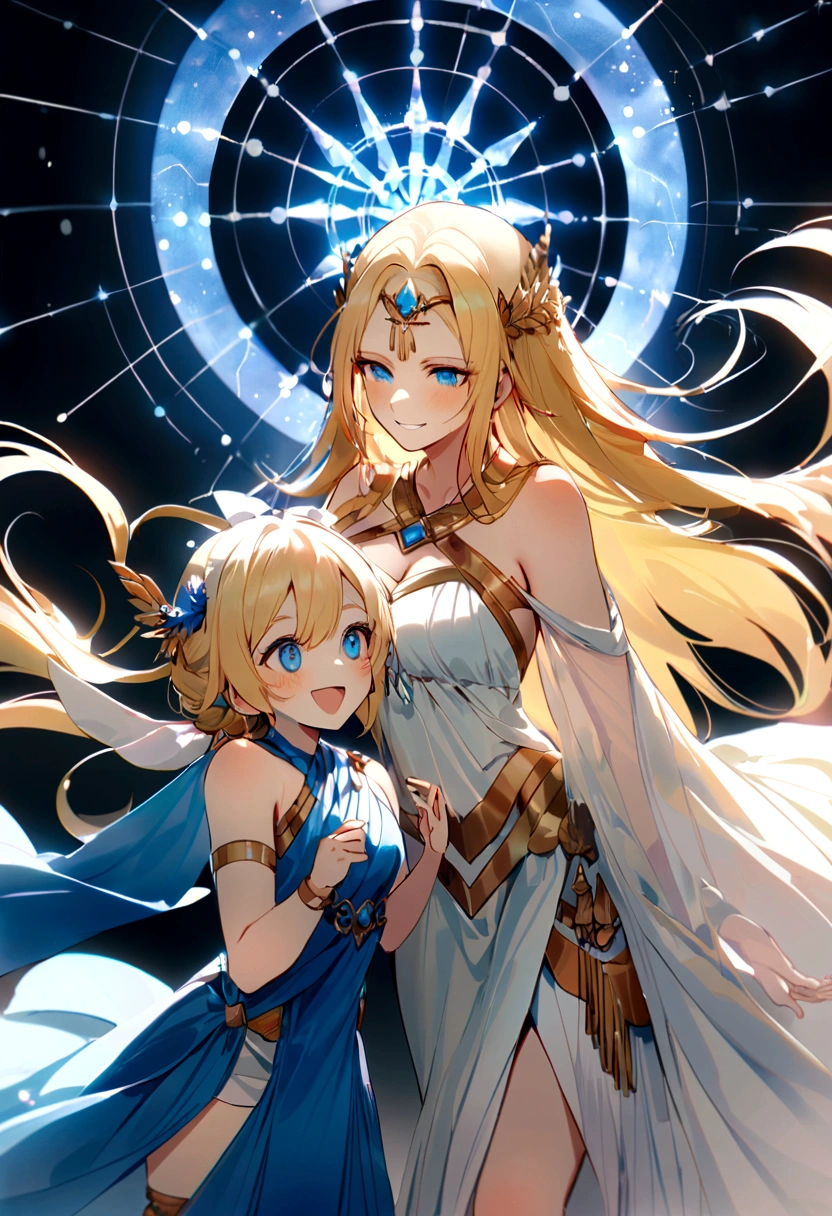 (Huang Li、high quality、Extremely detailed),Constellation - Gemini Goddess,Two goddesses appear,They are Gemini goddesses, They are laughing, Dressed very [Asymmetry),Sister and younger sister,The goddesses embrace each other,Similar to Latin goodness,brave,capricious,Productivity,The face of enterprising and humanitarianism,Yellow hair,Ancient Greek costumes、Wrap Dress,Background is starry sky,Crystal blue eyes(Eyes Details),Powerful appearance