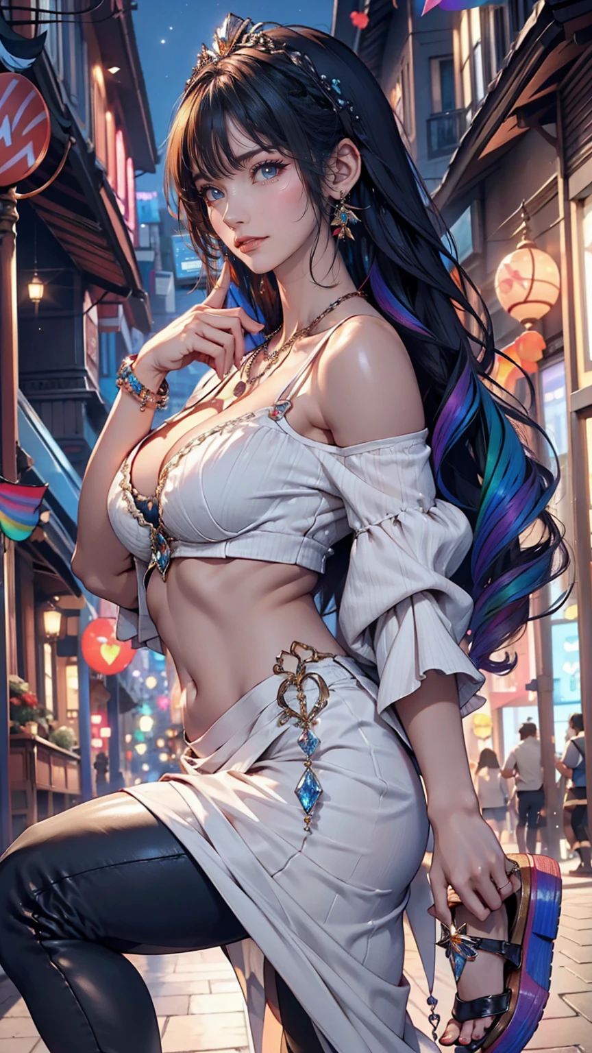 24-year-old female、Sexy proportions、Sexy、Narrow waist、Wear jewellery on your wrist、Attach a necklace、Wear platform sandals、Side Tail((side drill))、Crystal Earrings((crystal earrings))、A seductive smile((seductive smile))、Headpiece((hair ornament))、Rainbow Hair((rainbow hair))、erotic、Cleavage Emphasis、Wear off-the-shoulder tops、I can see my belly button、Lower milk visible、Wear a short, low-rise skirt、Wear platform sandals、Walk through the downtown area at night、sexy pose