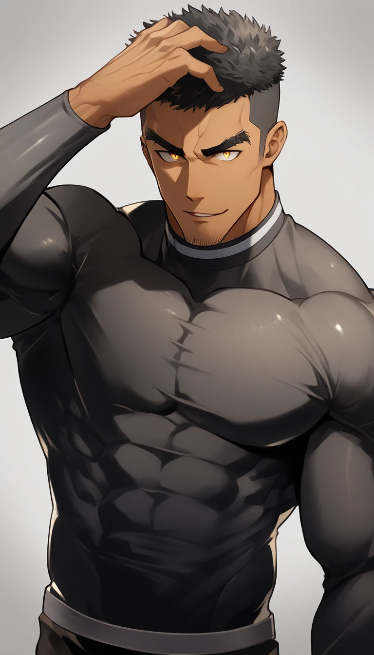 anime characters:Tights superhero, Muscle superhero, negro black skin, 1 dark skin muscular tough guy, Manliness, male focus, Yellow and black striped high collar long sleeve tight T-shirt, Slightly transparent material, Very tight, Round, full and perky chest muscles,Male dog waist,Slightly transparent, muscular male, muscular, only, Upper body, alone, Black short hair, Thick eyebrows, stubble, Yellow eyes, Grey background, simple background, amazing quality, best aesthetics, Ridiculous, bright pupils, crew cut, parted lips, seductive smile, torogao, naughty face, drop shadow, best quality