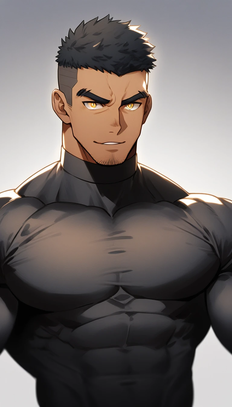 anime characters:Tights superhero, Muscle superhero, negro black skin, 1 dark skin muscular tough guy, Manliness, male focus, Yellow and black striped high collar long sleeve tight T-shirt, Slightly transparent material, Very tight, Round, full and perky chest muscles,Male dog waist,Slightly transparent, muscular male, muscular, only, Upper body, alone, Black short hair, Thick eyebrows, stubble, Yellow eyes, Grey background, simple background, amazing quality, best aesthetics, Ridiculous, bright pupils, crew cut, parted lips, seductive smile, torogao, naughty face, drop shadow, best quality